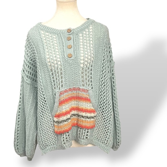 POL Women's Small Knit Open Weave Pullover Sweater Colorful Pocket Boho - Picture 3 of 10